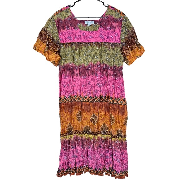 VTG Haband! Dress Medium Pink Green Paisley India Peasant Bohemian Short Sleeve - Picture 1 of 10